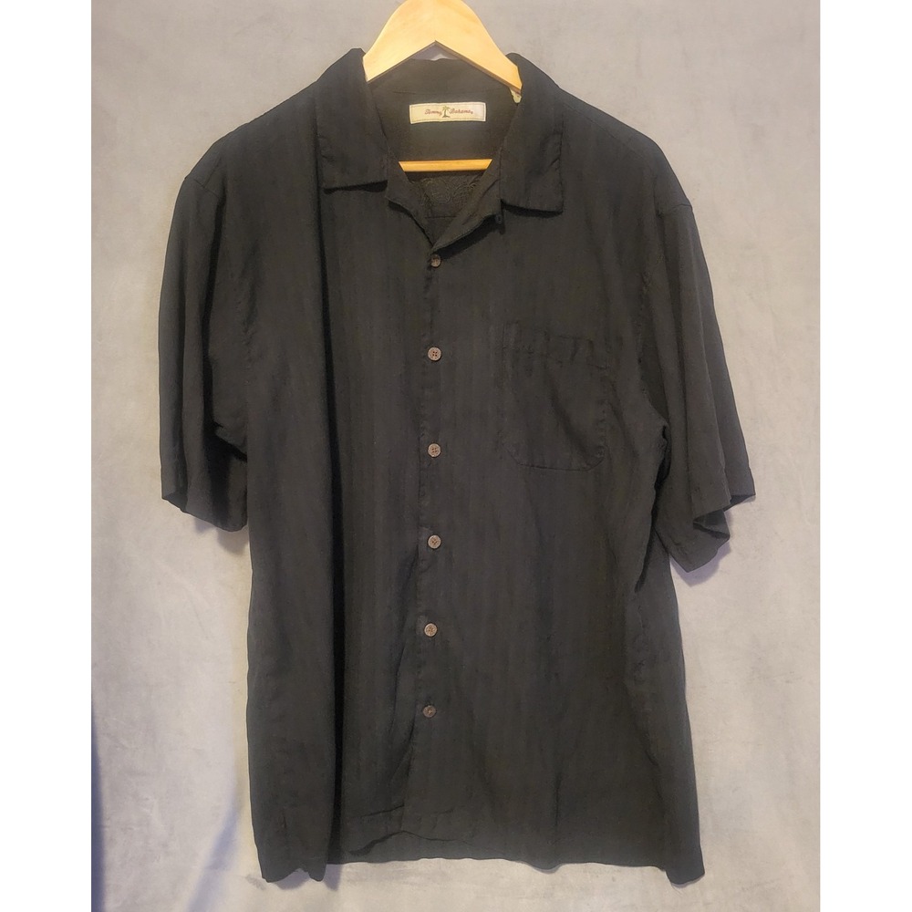 Tommy Bahama Silk Shirt Mens Large Black Striped Pocket Beach Summer Comfort